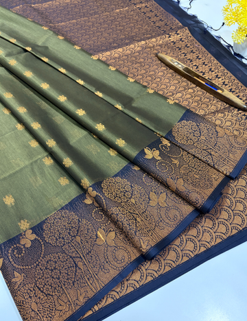 Handloom Mehanti Grey Pure Silk Cotton Saree with Turning Border | Dark Blue Pallu & Blouse
