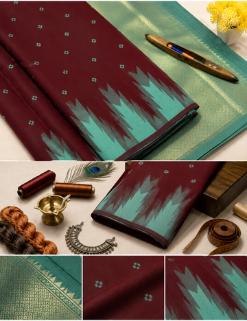 Premium Maroon Semi Soft Silk Saree with Turquoise Blue Temple Border | Thread Weaving Rich Pallu & Traditional Buttas
