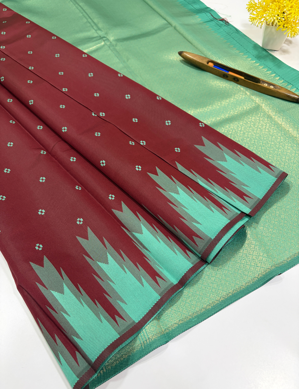 Premium Maroon Semi Soft Silk Saree with Turquoise Blue Temple Border | Thread Weaving Rich Pallu & Traditional Buttas