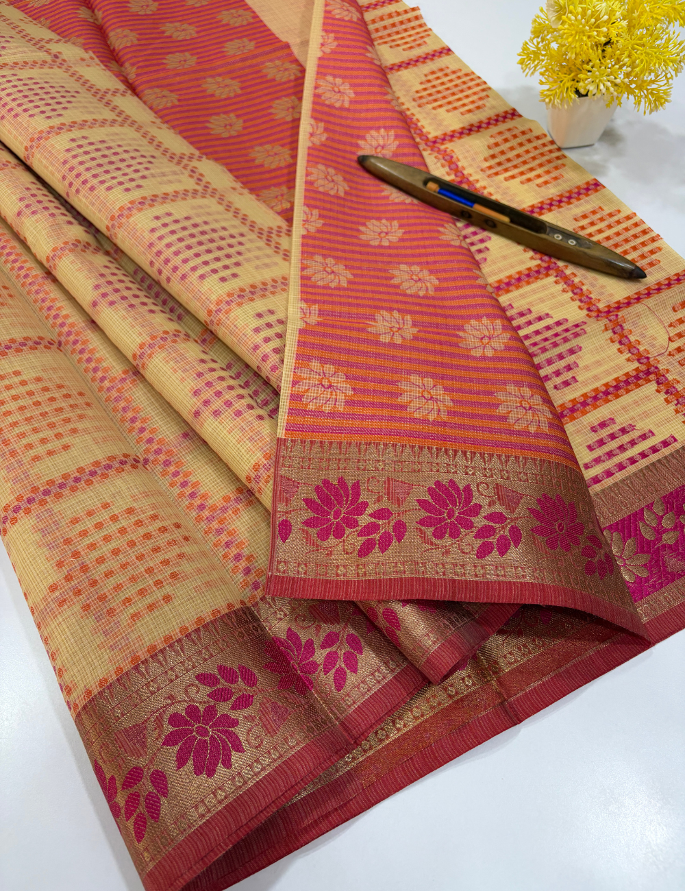 Handloom Sandal Colour Kota Cotton Saree with Kanchi Style Border | Rich Pallu & Full Brocade Blouse