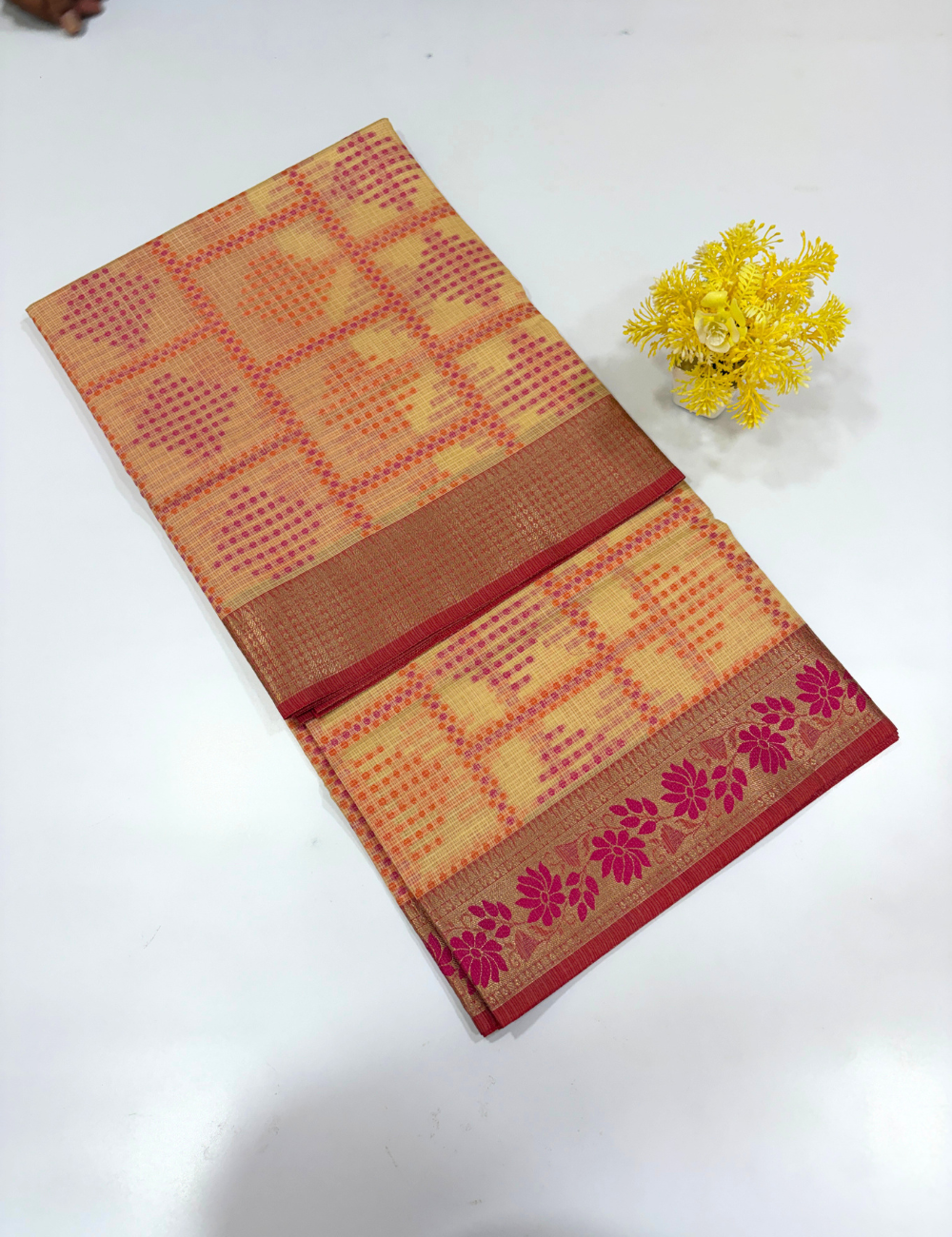 Handloom Sandal Colour Kota Cotton Saree with Kanchi Style Border | Rich Pallu & Full Brocade Blouse