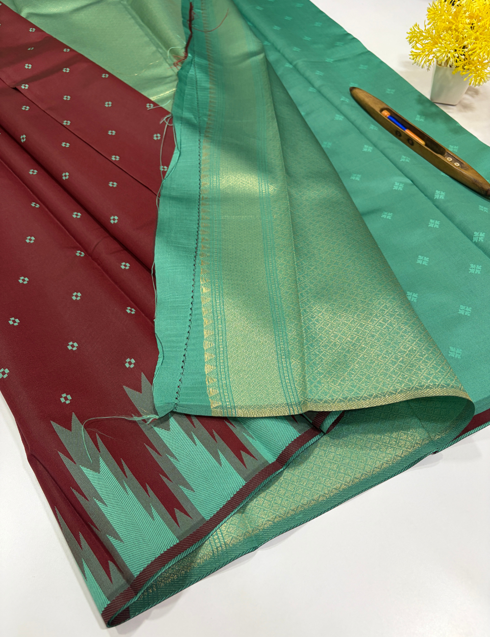 Premium Maroon Semi Soft Silk Saree with Turquoise Blue Temple Border | Thread Weaving Rich Pallu & Traditional Buttas