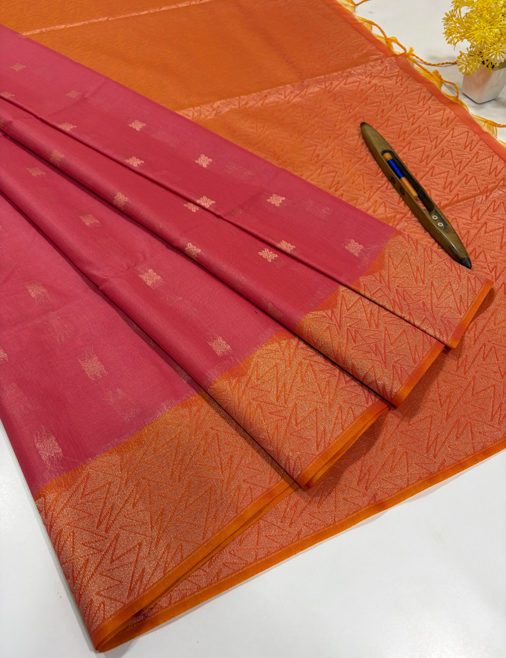 Handloom Light Pink Pure Silk Cotton Saree with Turning Border | Orange Pallu & Blouse