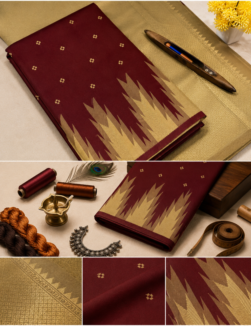 Elegant Maroon Semi Soft Silk Saree with Sandal Temple Border | Thread Weaving Rich Pallu & Traditional Buttas