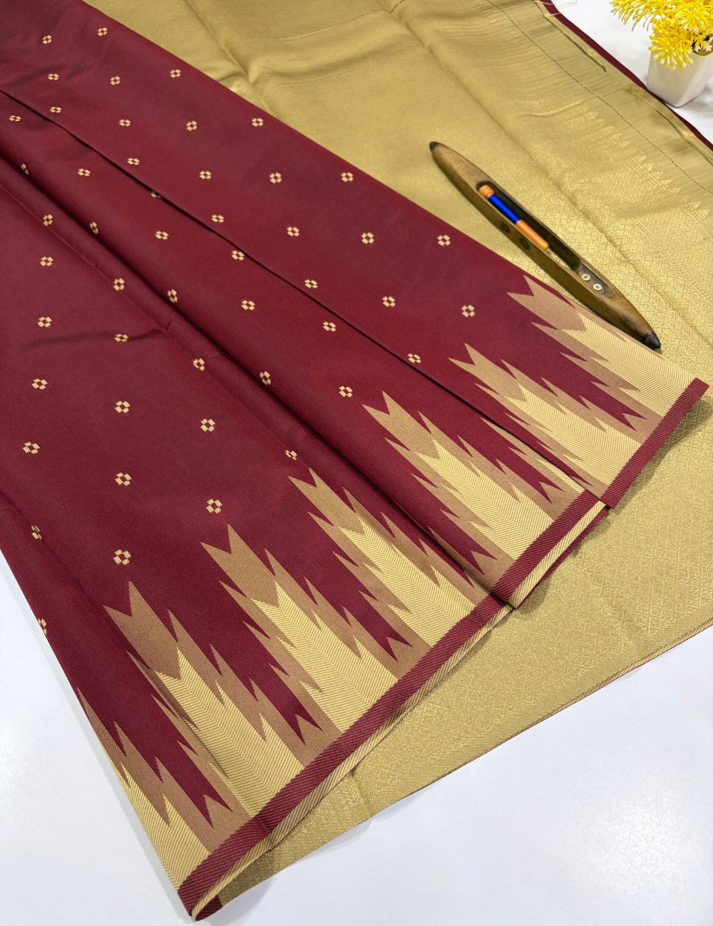 Elegant Maroon Semi Soft Silk Saree with Sandal Temple Border | Thread Weaving Rich Pallu & Traditional Buttas