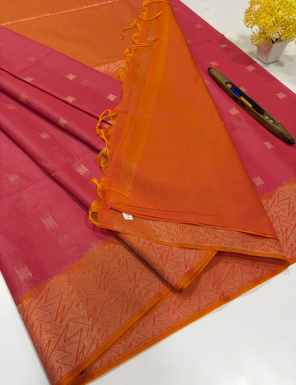 Handloom Light Pink Pure Silk Cotton Saree with Turning Border | Orange Pallu & Blouse