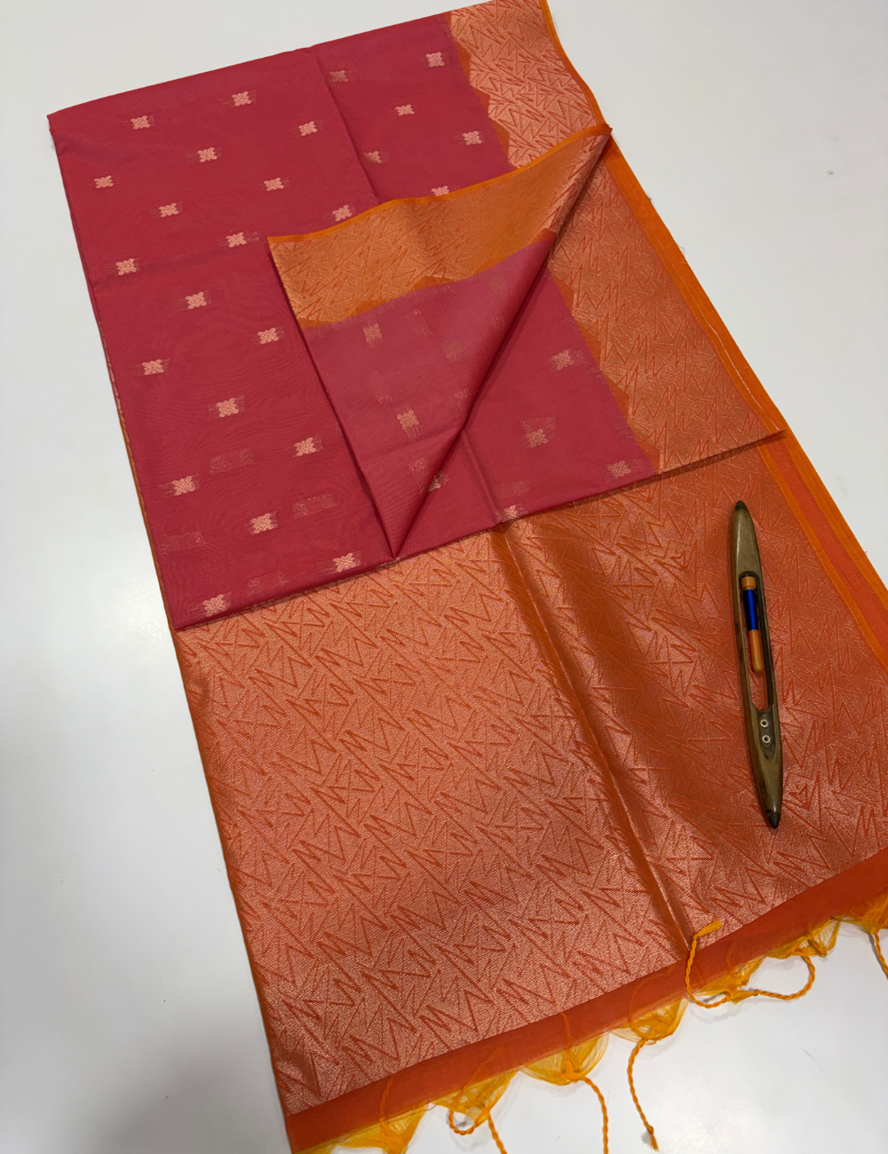 Handloom Light Pink Pure Silk Cotton Saree with Turning Border | Orange Pallu & Blouse