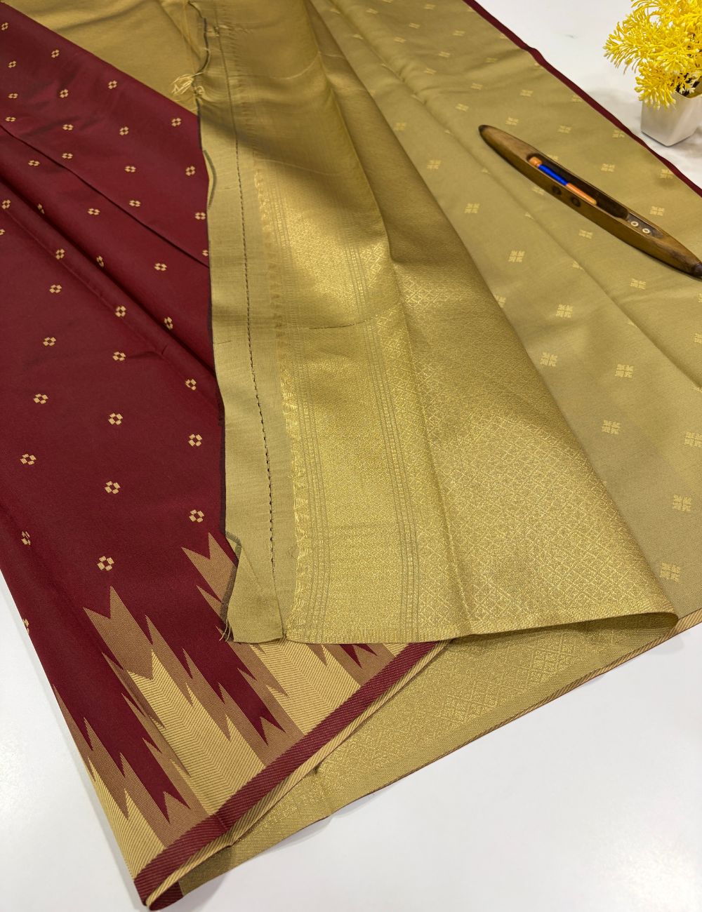 Elegant Maroon Semi Soft Silk Saree with Sandal Temple Border | Thread Weaving Rich Pallu & Traditional Buttas
