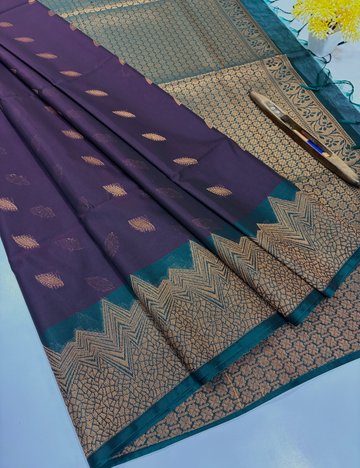 Handloom Naval Fruit Colour Pure Silk Cotton Saree with Turning Border | Bottle Green Pallu & Blouse