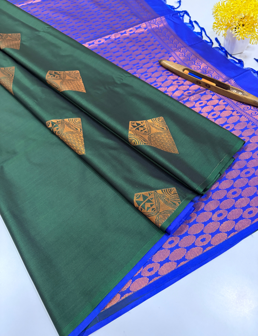 Bottle Green Semi Soft Silk Saree with Raindrop Design & Contrast Border | Rama Green Pallu & Blouse