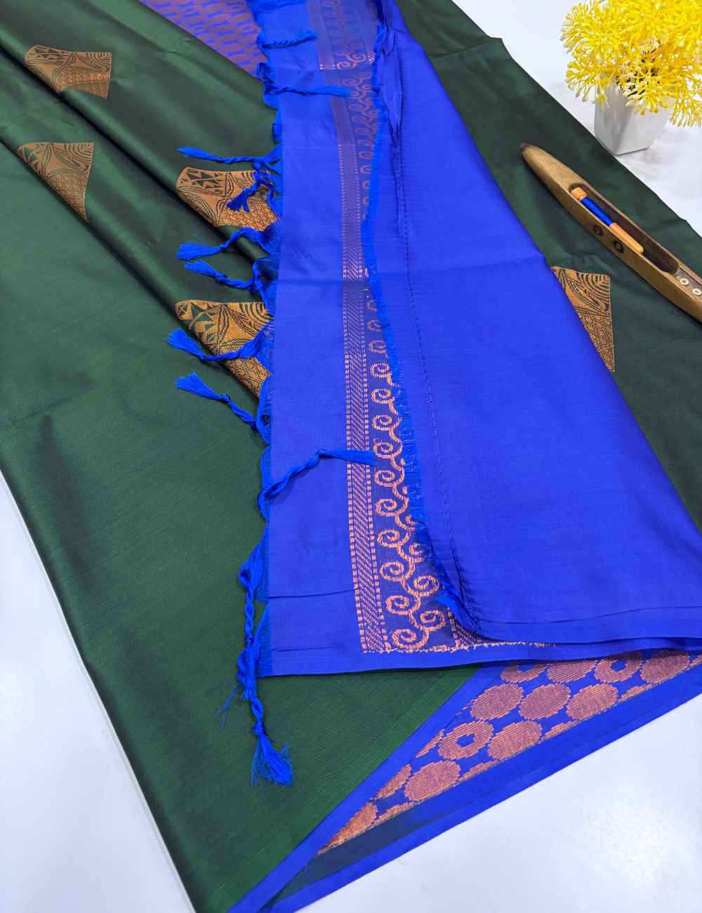 Bottle Green Semi Soft Silk Saree with Raindrop Design & Contrast Border | Rama Green Pallu & Blouse