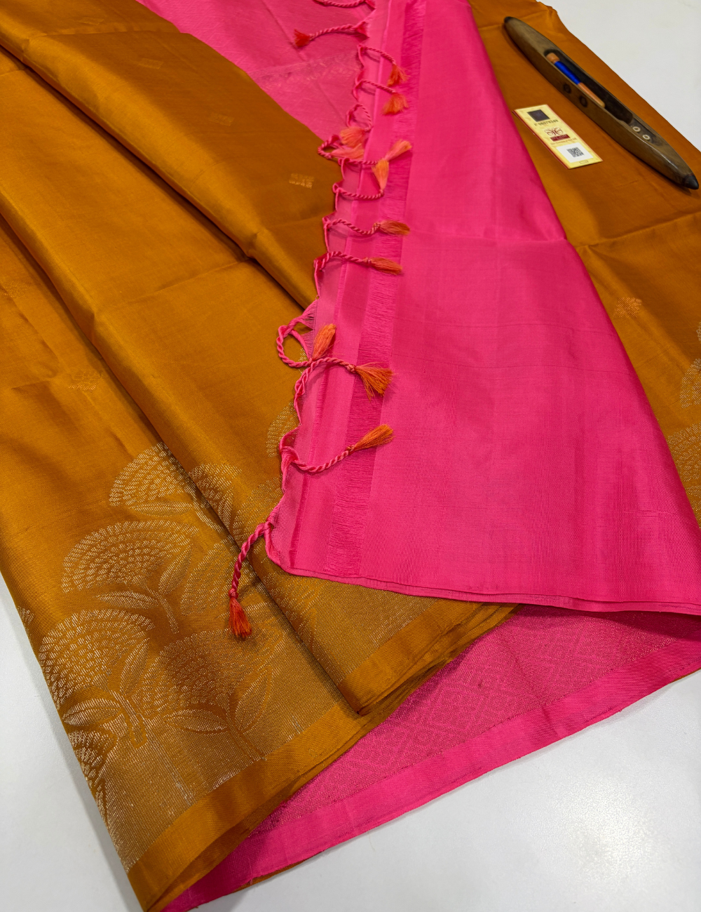 Mustard Gold Handloom Pure Soft Silk Saree with Contrast Pink Pallu & Blouse | Elegant Turning Border | Silk Mark Certified