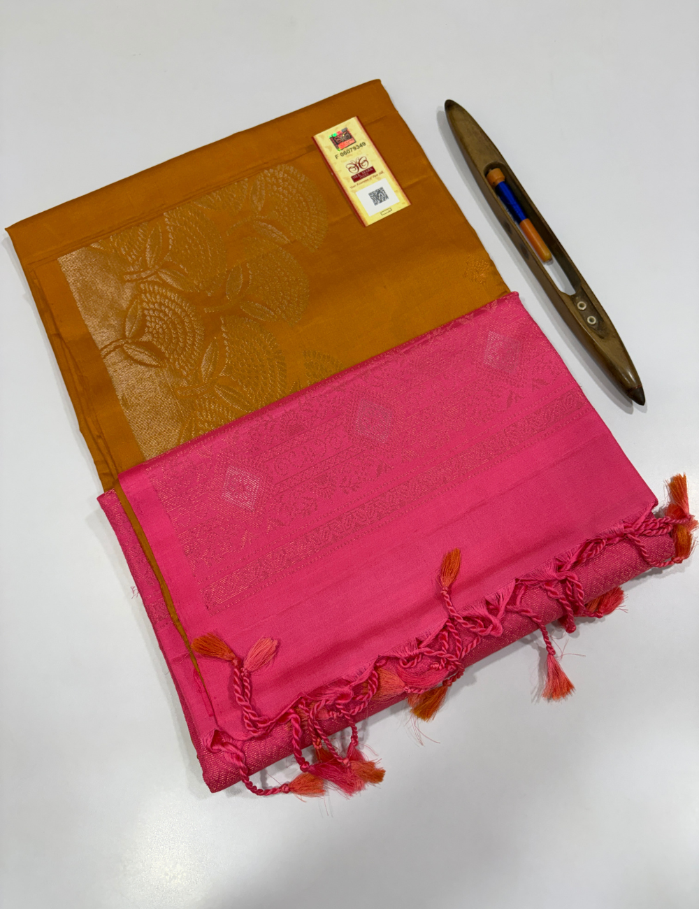 Mustard Gold Handloom Pure Soft Silk Saree with Contrast Pink Pallu & Blouse | Elegant Turning Border | Silk Mark Certified