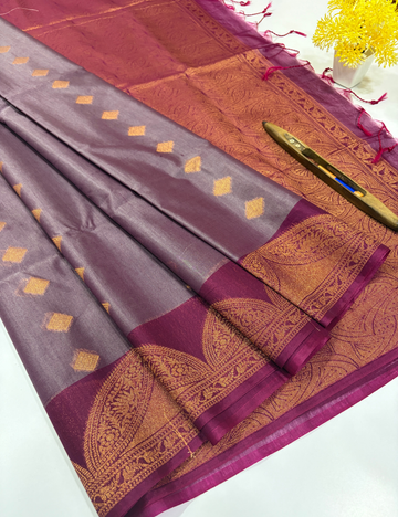Handloom Lavender Pure Silk Cotton Saree with Turning Border | Rani Pink Pallu & Blouse
