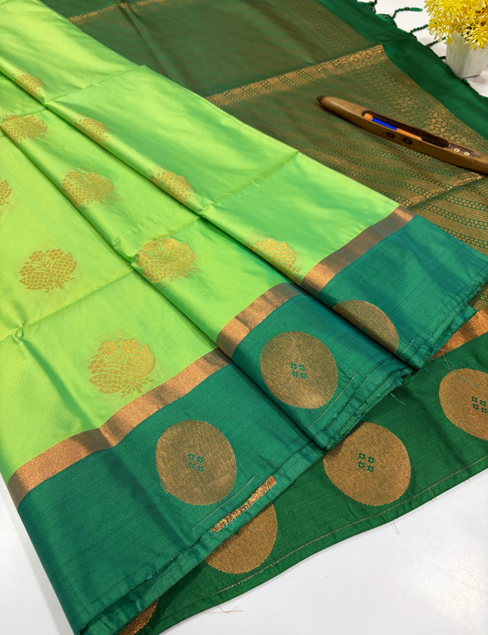 Parrot Green Semi Soft Silk Saree with Contrast Border | Bottle Green Pallu & Blouse