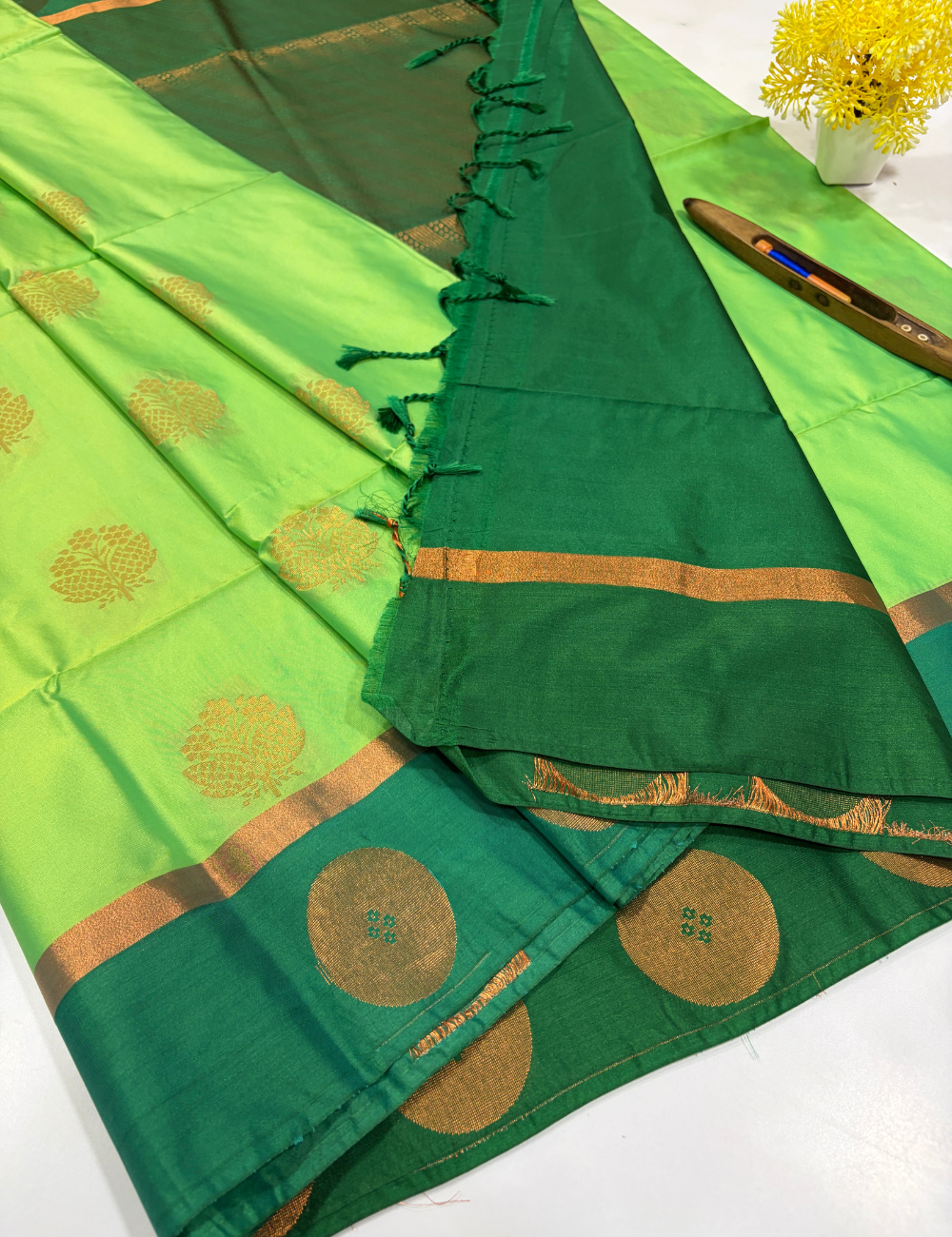 Parrot Green Semi Soft Silk Saree with Contrast Border | Bottle Green Pallu & Blouse