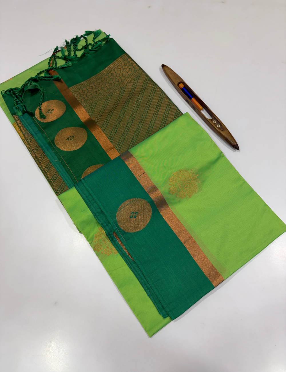 Parrot Green Semi Soft Silk Saree with Contrast Border | Bottle Green Pallu & Blouse