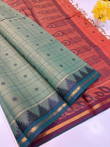 Negamam Pure Cotton Saree – Seafoam Green with Coral Peach Temple Border