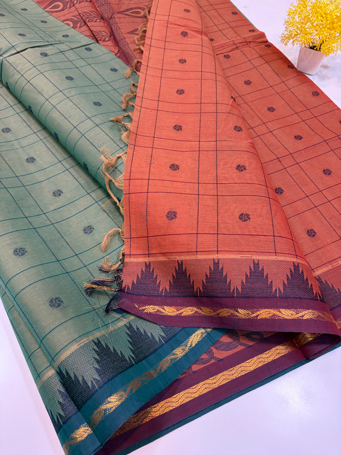 Negamam Pure Cotton Saree – Seafoam Green with Coral Peach Temple Border