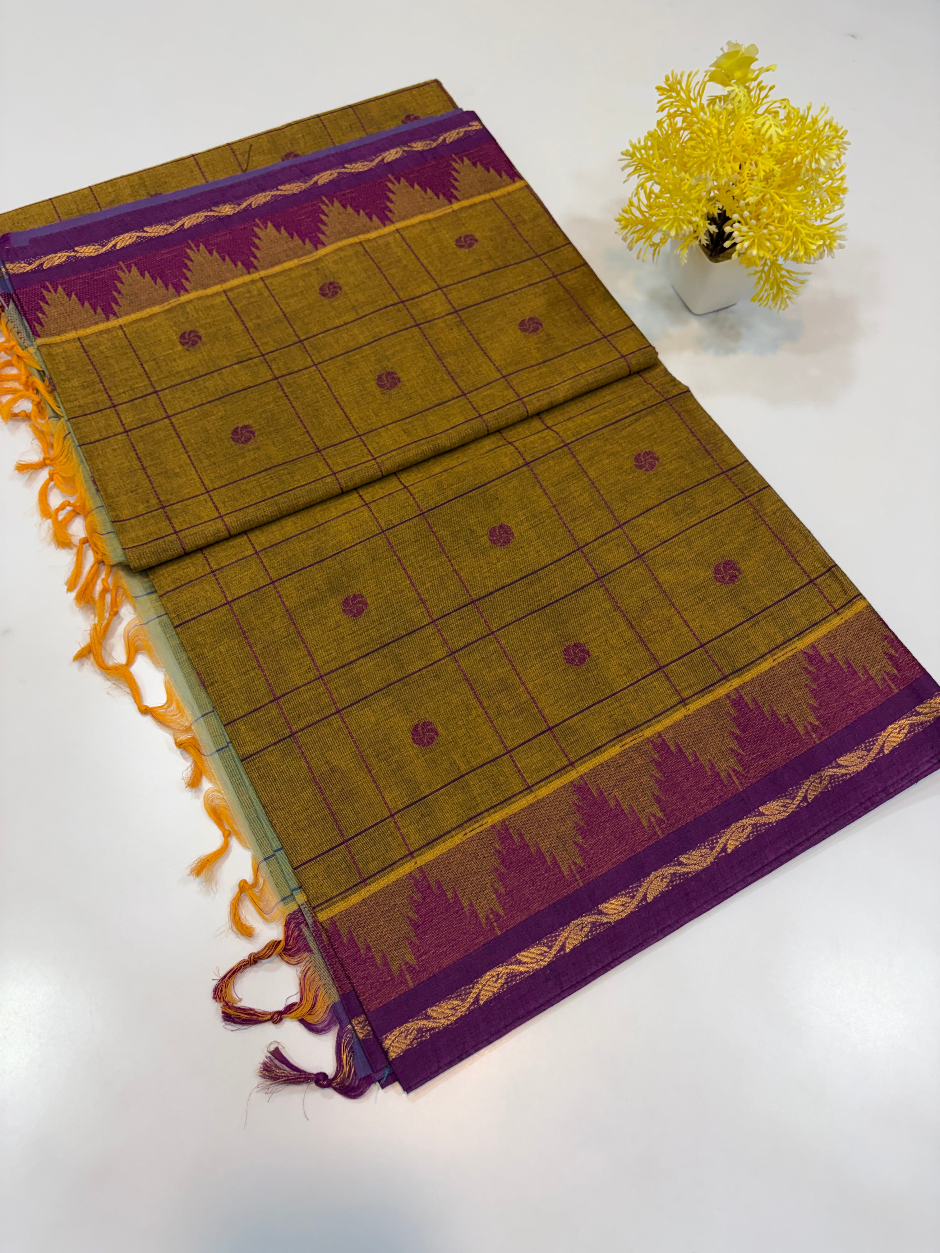 Olive Gold with Royal Purple Temple Border Handloom Saree