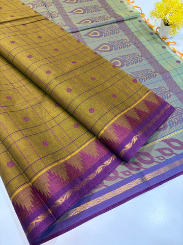 Olive Gold with Royal Purple Temple Border Handloom Saree