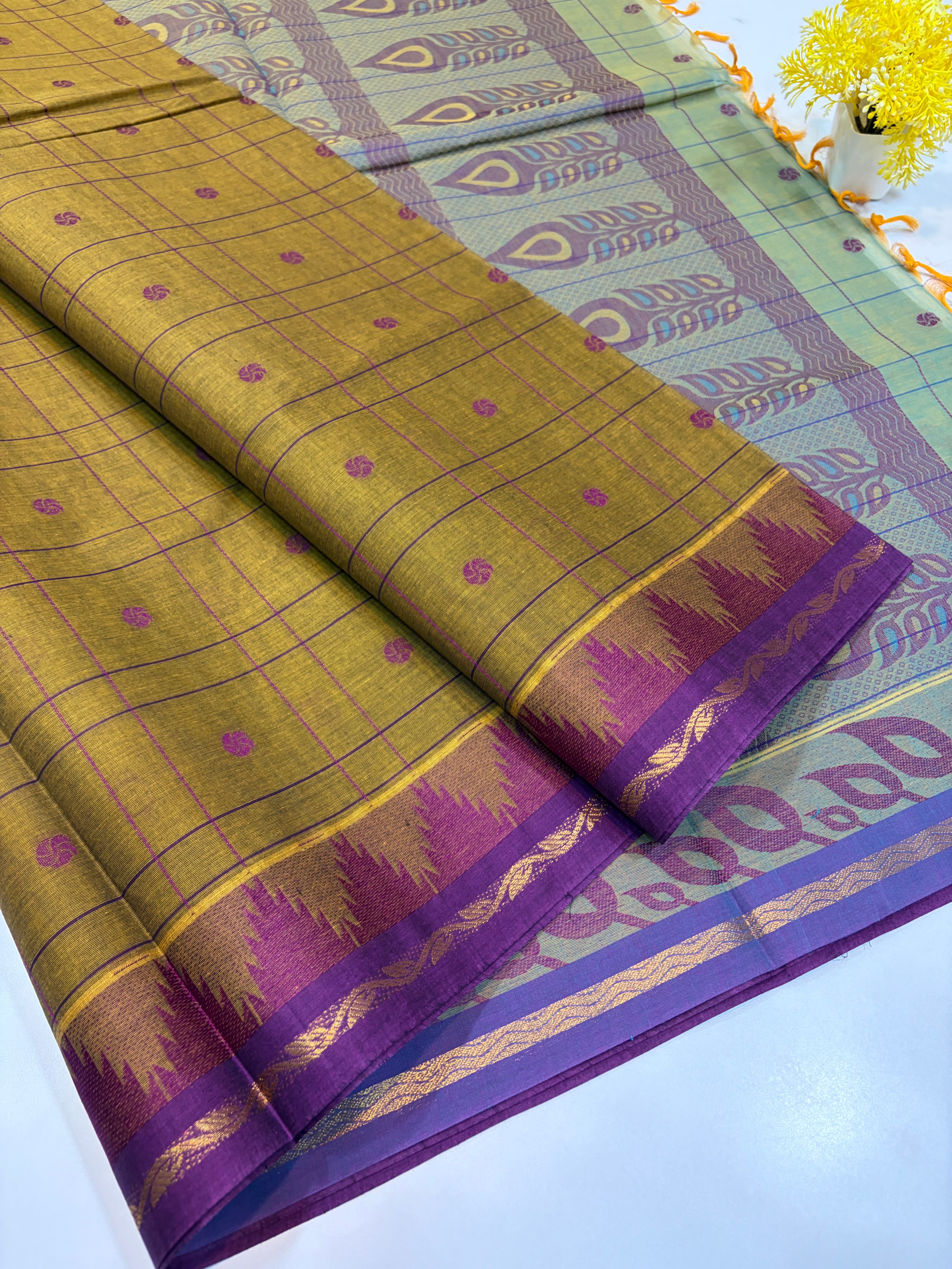 Olive Gold with Royal Purple Temple Border Handloom Saree