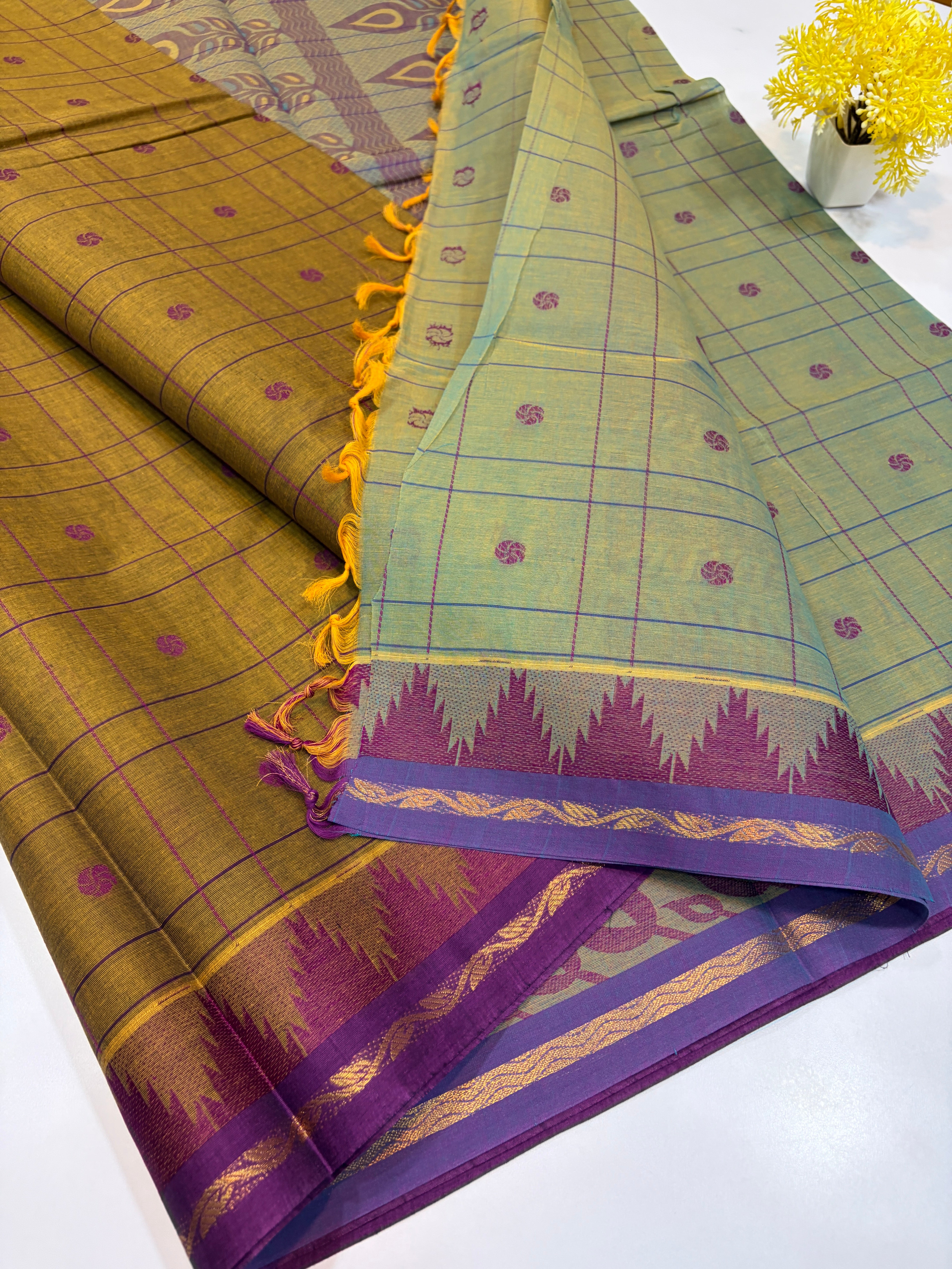 Olive Gold with Royal Purple Temple Border Handloom Saree
