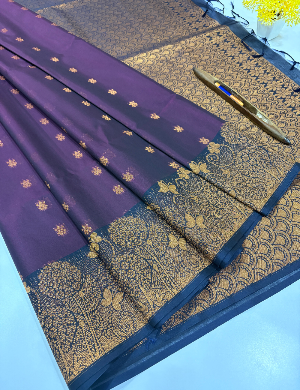 Handloom Dark Purple Pure Silk Cotton Saree with Turning Border | Dark Blue Pallu & Blouse