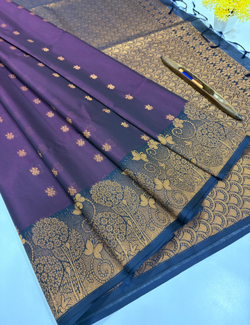 Handloom Dark Purple Pure Silk Cotton Saree with Turning Border | Dark Blue Pallu & Blouse