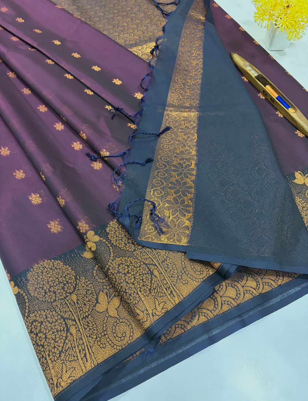 Handloom Dark Purple Pure Silk Cotton Saree with Turning Border | Dark Blue Pallu & Blouse