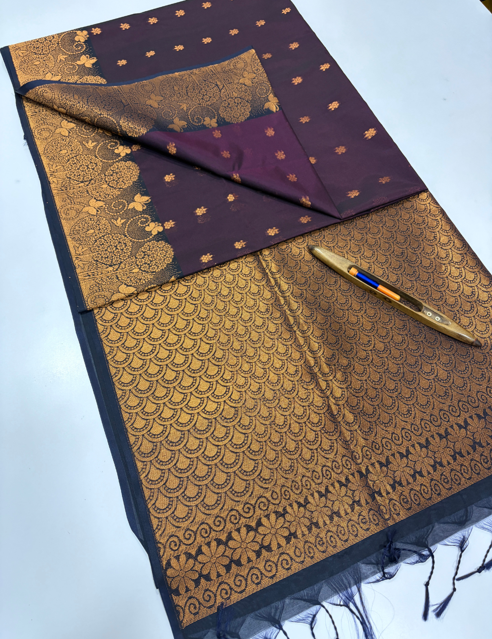 Handloom Dark Purple Pure Silk Cotton Saree with Turning Border | Dark Blue Pallu & Blouse
