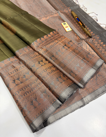 Olive Green Handloom Pure Soft Silk Saree with Grey Pallu & Blouse | Rich Copper Zari Turning Border | Silk Mark Certified