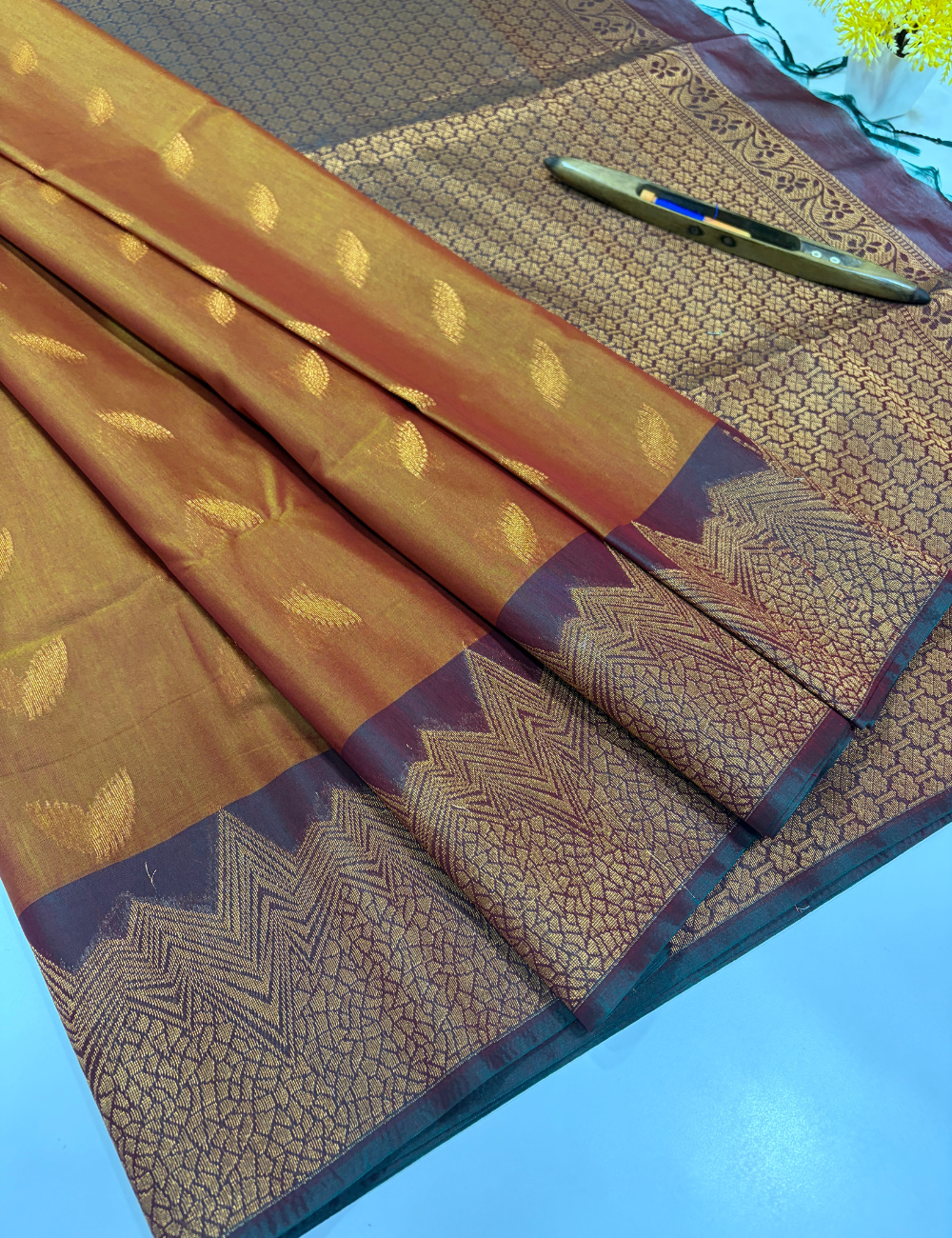 Handloom Golden Mustard Pure Silk Cotton Saree with Turning Border | Purple Pallu & Blouse