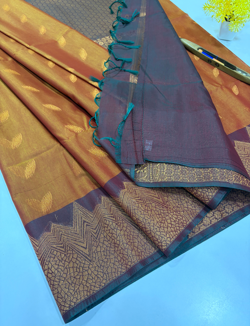 Handloom Golden Mustard Pure Silk Cotton Saree with Turning Border | Purple Pallu & Blouse