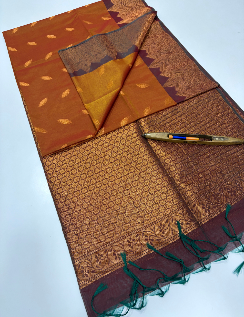 Handloom Golden Mustard Pure Silk Cotton Saree with Turning Border | Purple Pallu & Blouse