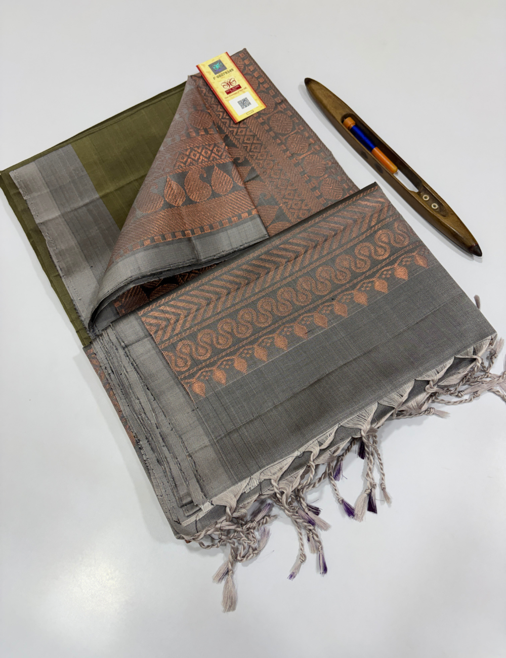 Olive Green Handloom Pure Soft Silk Saree with Grey Pallu & Blouse | Rich Copper Zari Turning Border | Silk Mark Certified