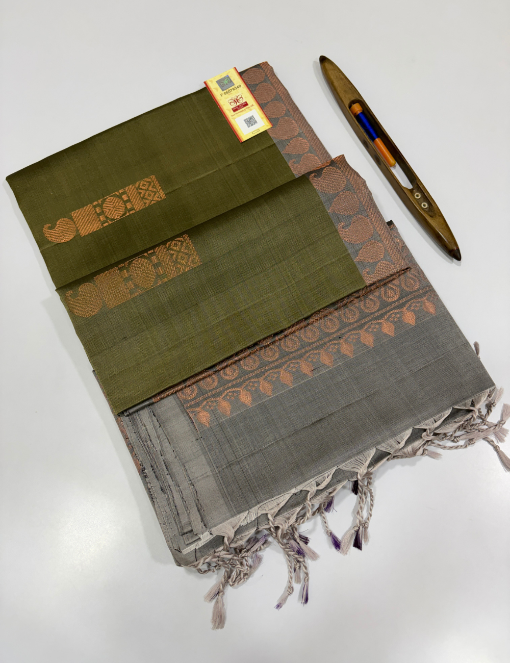 Olive Green Handloom Pure Soft Silk Saree with Grey Pallu & Blouse | Rich Copper Zari Turning Border | Silk Mark Certified