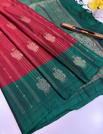 Handloom Deep Maroon Dubion Silk Saree with Contrast Green Border | Bottle Green Pallu & Blouse