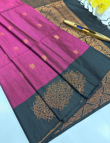 Handloom Deep Purple Dubion Silk Saree with Black Pallu & Blouse | Contrast Border Saree