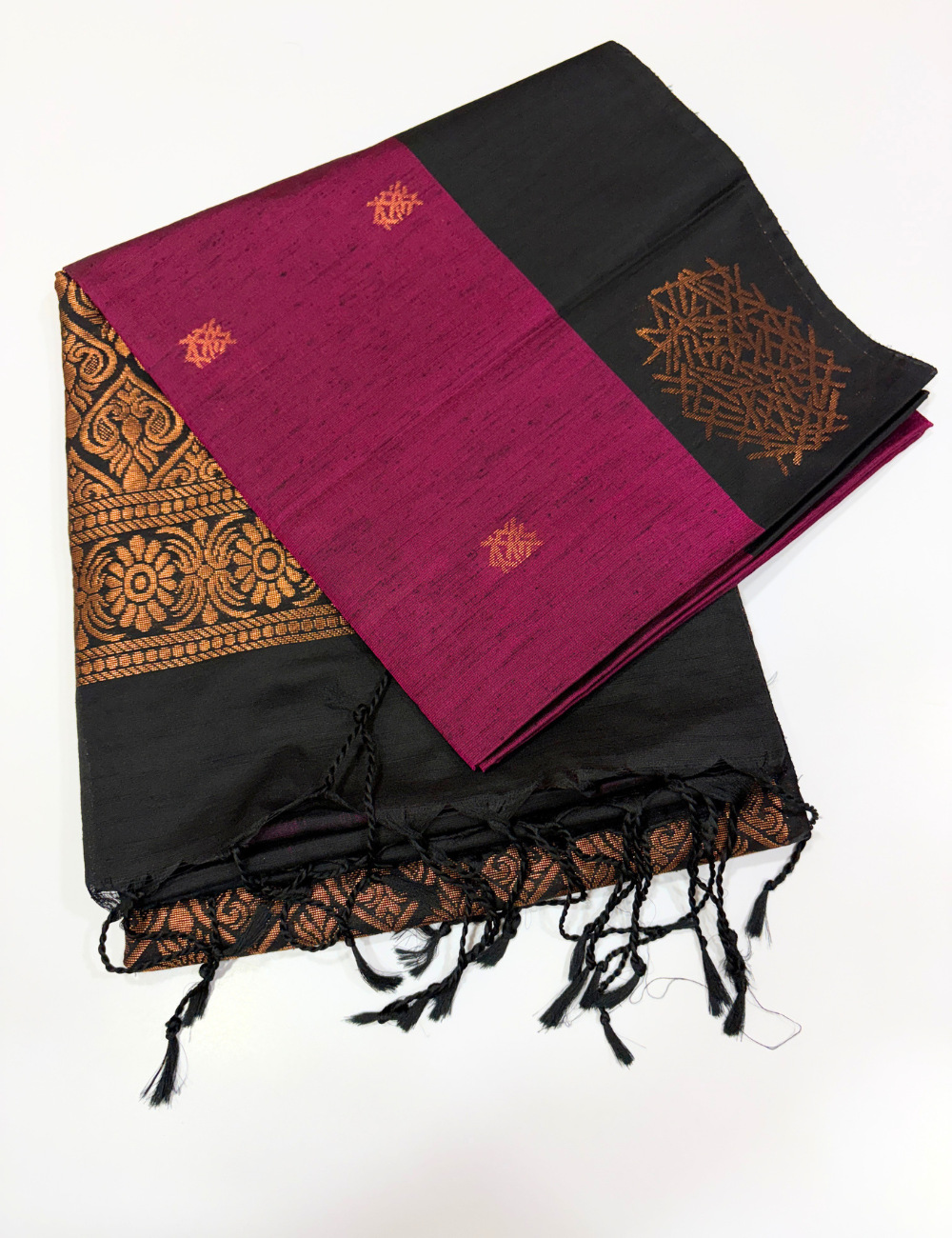 Handloom Deep Purple Dubion Silk Saree with Black Pallu & Blouse | Contrast Border Saree