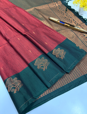 Handloom Deep Maroon Dubion Silk Saree with Contrast Green Border | Bottle Green Pallu & Blouse