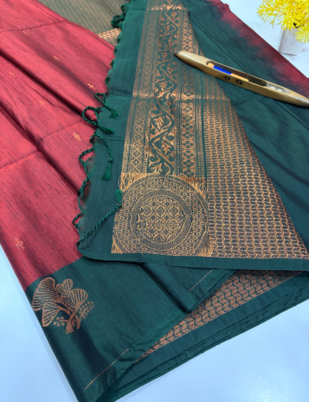 Handloom Deep Maroon Dubion Silk Saree with Contrast Green Border | Bottle Green Pallu & Blouse