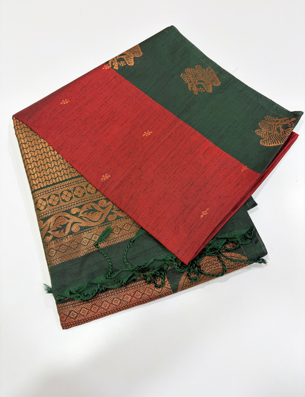 Handloom Deep Maroon Dubion Silk Saree with Contrast Green Border | Bottle Green Pallu & Blouse