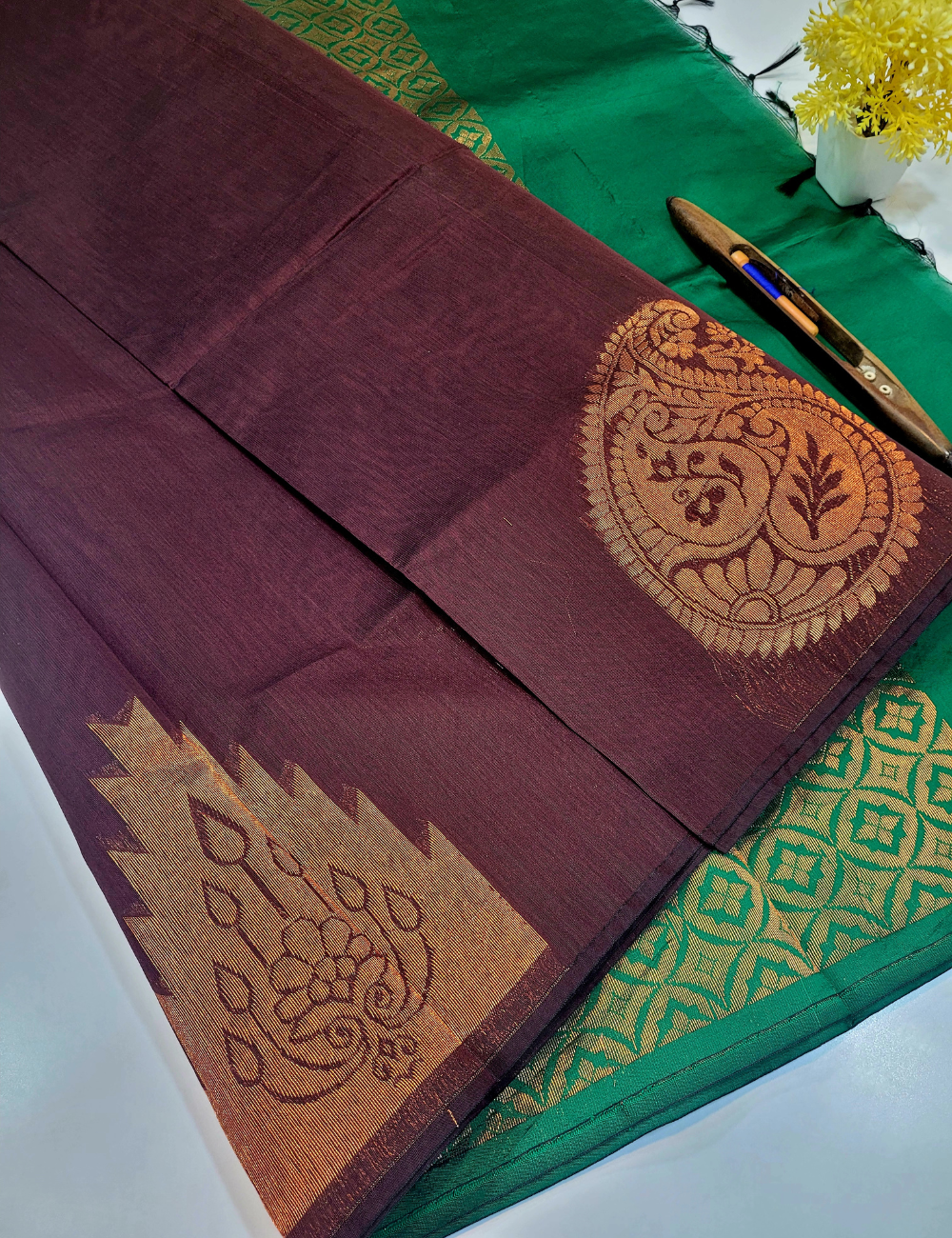 Semi Silk Cotton Saree – Coffee Brown with Green (Borderless with Temple and Mango Big Butta)