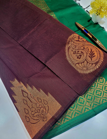 Semi Silk Cotton Saree – Coffee Brown with Green (Borderless with Temple and Mango Big Butta)