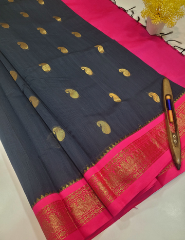 Korvai Semi Silk Cotton Saree – Elephant Grey with Candy Pink